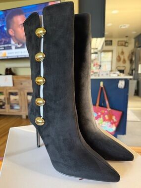 Katy Perry Women's Black Suede High-Heel Button Boot (49)